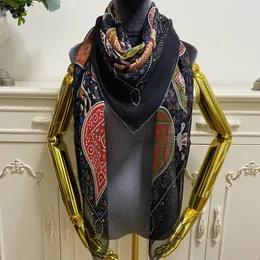 Quadratischer Schal für Damen, 100 % Seide, dünnes und weiches Pint-Buchstaben-Blätter-Muster, Größe 130 cm – 130 cm