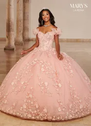 Rosa Rüschen-Applikationen Quinceanera-Kleider, schulterfrei, Perlen-Ballkleid, Spitze, süßes 16-Kleid, Partykleidung, Abschlussball-Abendkleider