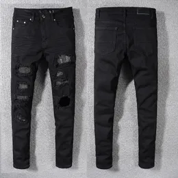 Mens Jeans Skinny Fits Denim Black Pant for Guys Man Biker Slim Ripped Distressed Hip Hop Regular Moto Fit Street Rivet Patches Trendy Long Straight Zipper with Hole