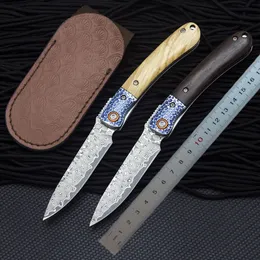 1st R7802 Damascus Pocket Fapp Knife VG10 Damascuss Steel Blade Livewood / Ebony med stål Huvudhandtag EDC Folding Knives med läderhölje