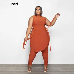 Women's Plus Size Tracksuits Perl Sleeveless Long Top And Pants Suit Clothing For Women Two Pieces Outfit Solid Color Matching Set 3XL 4XL