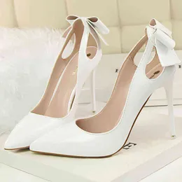 2021 Sweet Women 10cm stripper High Heels Pumps Scarpin White Pink Nude Heels Female Futterfly Knot Stiletto Pumps Party Shoes G220425