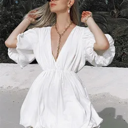 Ootn Fashion Casual Short Dresses Women Womeny Lantern-Neck Sexy White Dress White Summer Elegant A-Line Dress Abito 220516 220516