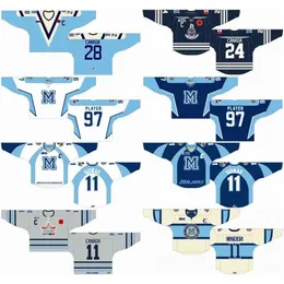 MDH maßgeschneiderte 2007 08–2008 09 OHL Herren Damen Kinder Weiß Blau Grau gestickte Mississauga St. Michael's Majors Ontario Hockey League-Trikots