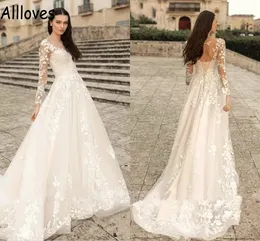 Long Sleeves A Line Wedding Gowns Sheer Neck Bohemian Lace Appliqued Bridal Dresses Sweep Train Corset Open Back Vestidos De Novia Plus Size abitidasposa CL0393