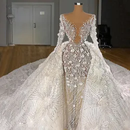 Luxury Two Pieces Wedding Dress Long Sleeves Pearls Bridal Gowns Flowers Sequined Long Train Robe de mariee
