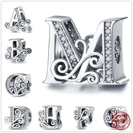 925 Sterling Silver Dangle Charm Shiny 26 letter Beads Bead Fit Pandora Charms Bracelet DIY Jewelry Accessories