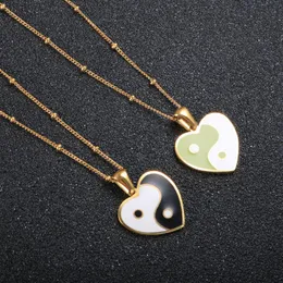 Anhänger Halsketten Schwarz Weiß Grün Emaille Herz Halskette Yin Yang Perlen Kette Vergoldet Für Frauen ModeschmuckAnhänger