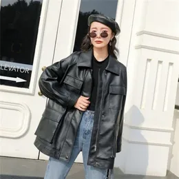 FMFSSOM Spring Autumn Four Big Pocket 2020 Chic Loose Design MotoBike BF Vintage Retro Women Lady Pu Leather Jacket LJ201021