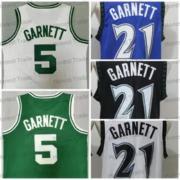 Retro Kevin 21 Garnett 5 34 Basketballtrikot Schwarz Blau Weiß Grün Rein genähte Uniformen Blaues Herrenhemd genähte College-Trikots Throwback