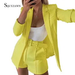 Women Fashion Long Balzer Jacket and Belt Mini Shorts ثنائية المشاركين تناسبهم سيدة مكاتب أنيقة مطابقة الزي الوردي مجموعات مثيرة Y220804