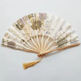 Chinese Style Bamboo Holding Folding Fan Satin Fabric Floral Hand Fan Tassel Vintage Pattern Dance Performance Party Favor MJ0588