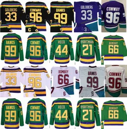 The Mighty Vintage Hockey 96 Koszulka Charlie Conway 99 Adam Banks 21 Dean Portman 44 Fulton Reed 33 Greg Goldberg 66 Gordon Bombay Film Zielony Fioletowy Czarny Biały 1993 Mężczyźni