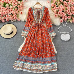 Novo design feminino boêmio estampado flores manga longa rendado cintura elástica estilo étnico nação maxi vestido longo