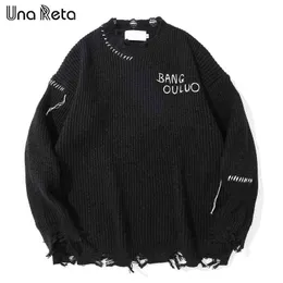 Una Reta Sweater Men New Hip-Hop Hole Design Men Streetwear Men Cloths Discal Pullover Tops Men Loose High Street Couple Subsiters T220730