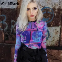 Goth Dark Y2K Techwear E-Girl O-See сетка сетка женская футболка 2000-х годов эстетическая мода осенняя уличная одежда повседневная футболка Bodycon одежда 220408