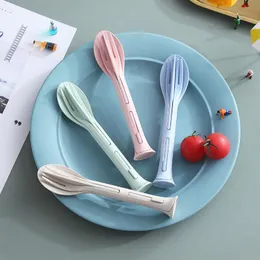 Dinnerware Sets 3-in-1 Travel Portable Folding Cutlery Set 3-piece Wheat Straw Knife Fork Spoon Student Western Tableware KitchenDinnerware