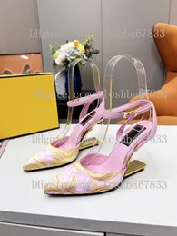 United women's Designer Sandals fashion color printing pointed leather metal letter high heels 9cm luxury walk show party wedding shoes size 35-42