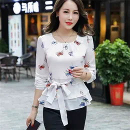Butterfly Shirt OL Blouse Cherry White Oneck Longsleeved Tops Spring Large Size 3XL Shirts Elegant Autumn Feminino Camisa 210401