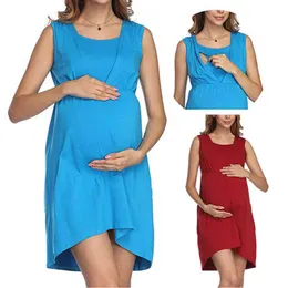 2022 Vestido de maternidade de cor sólida de verão de verão Vestido de maternidade Europeia e Americana VERSÁTIL DO MANEIGELENTE ROUND Lactação G220309