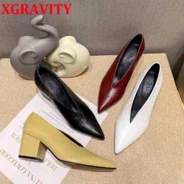 Отсуть обувь Xgravity Новый осенний каблук элегантный насос с толстым каблуком Сексуальные вечерние женщины v Cut 324 220715