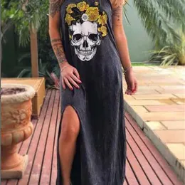 2020 Summer Dress Women Casual Punk Loose Short Sleeve Skull Print Female Dress Streetwear Side High Split Flower Female Vestido CX200701