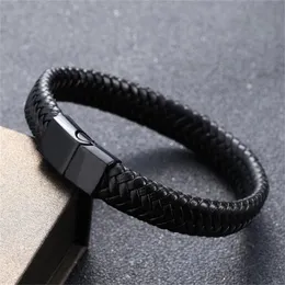 Charm Bracelets Punk Men Jewelry Black Red Braided Leather Bracelet Stainless Steel Magnetic Clasp Fashion Bangles Wrap Bracelet GC1059