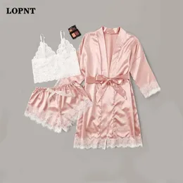 Lopnt Women Lingerie Robe Set Sexy Pajama Set Set Satin Sleepwear Шелк 3 куски ночной пижам набор для пижам