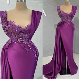 Dark Purple Mermaid Beaded Prom Dresses High Side Split Scoop Neck Appliqued Fishtail Occasion Dress Satin Formal Evening Gowns