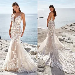 Eddy K Mermaid Beach Wedding Dress Lace Sexy Spaghetti Neck Bridal Bridal Country Boho Robe de Mariee