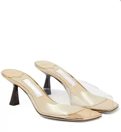 22S女性の夏のサンダルスリッパハイヒールの靴Zania 65mmレザーのMules Lady Partyウェディングドレスポンプサンダルローカットの正方形のつま先