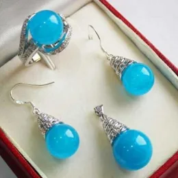 Heta vackra nya smycken 18 kgp 12mm blå jade hänge halsband ring örhänge