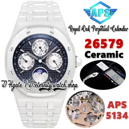 APSF APS26579 Sürekli Takvim Cal.5134 APS5134 Otomatik Erkekler İzle Süper Teşvik Mavi Dokulu Dialy Dials Moon Faz Beyaz Seramik Kılıf ve Bilezik Sonsuzluk Saatleri