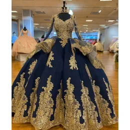 الفاخرة الأميرة الذهب quinceanera اللباس الكرة ثوب الديكور مطرز طويلة الأكمام سندريلا الحلو 16 فساتين vestidos دي 15 Años