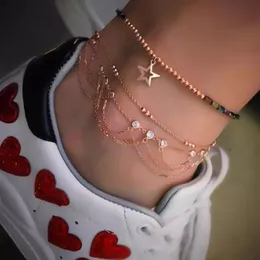 Boho Gold Color Crystal Hollow Star Anklet 세트 여성 조절 가능한 비즈 다층 체인 Anklets Foot Jewelry