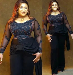 2022 Plus Size Arabic Aso Ebi Black Lace Pärled Jumpsuits Prom Dresses Sheath Sexig Evening Formal Party Second Reception Birthday Engagement Gowns Dress ZJ606