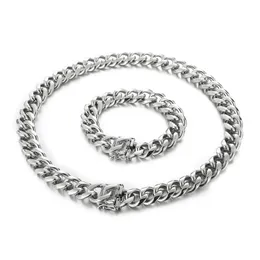 Grand lourd 15MM 8.26in 24in Mens Collier Bracelet Ensemble de Bijoux En Acier Inoxydable Lisse Cubain Gourmette Lien Chaîne Haute Polishe pour Hommes