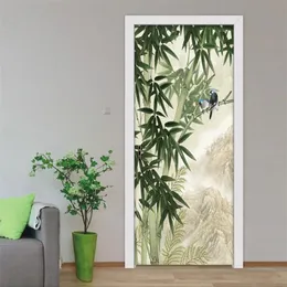 3D Door Sticker Mural Wallpaper Hand Painted Bamboo Forest Bird Picture Wall Decals Bedroom Living Room Stickers Home Decor 220426