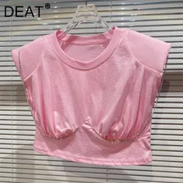 Deat Women Women Chain ombreira dobra T-shirt Color sólida Redonda de pescoço mangas moda primavera verão 11d1915 210709