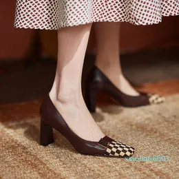 Fashion-Dress Shoes Trendy Checkered Women Natural Leather High Heels Pumps Nude Office Work Ladies