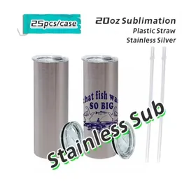 US Warehouse 20oz Sublimation Silver Tumbler Stainless Straight Tumblers with Lid Double Wall真空断熱フラスコスリムタンブラー旅行マグコーヒーカップZ11