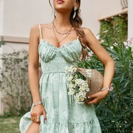 strap green corset print mini dress summer women Ruffle lace up frills dress High waist holiday beach vestido 220613