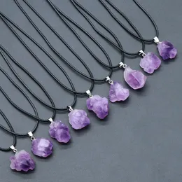 Irregular Natural Amethyst Rough Stone Pendant Purple Druzy Druze Charms Black Rope Chain Necklace for Women Men