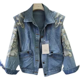 Spring Autumn Ins broderi denimrock Löst bantning jeansjacka kvinnor långa ärmar mode topp veste femme 220726