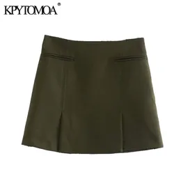 Kpytomoa Moda Mulher Chic com bolsos Front Vents Mini saia vintage High Side Zipper Saias femininas Mujer 210306