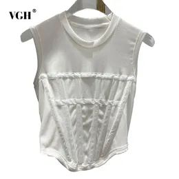 VGH Casual White T Shirt Dla Kobiet O Neck Bez Rękawów Patchwork Klamra Koreański Szczupła Koszule Kobiet Letnia Moda Odzież 220321