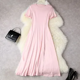 2022 Summer Short Sleeve Round Neck Black / Pink Solid Color Split Mid-Calf Dress Elegant Casual T-Shirt Dresses 22A194025