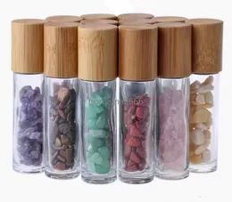 10ml Essential Oil Diffuser Clear Glass Roll on Perfume Bottles with Crushed Natural Crystal Quartz Stone Crystal Roller Ball Bamboo AA