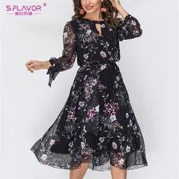 S.Flavor Womenフラワープリントシフォンドレスセクシーなoネック中空アウト長袖ドレス女性エレガントAラインパーティーVestidos 2022 220317