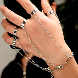 Charm Bracelets Punk Geometric Silver Color Chain Wrist Bracelet For Men Five Finger Ring Set Fashion Party Jewelry Gifts Pulsera MujerCharm